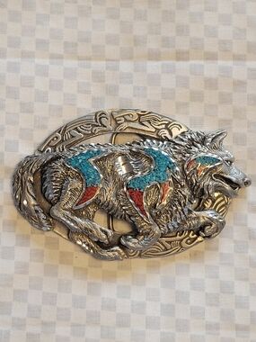 Vtg Running Wolf Pewter Buckle with Turquoise & Red Inlay By Enchantment